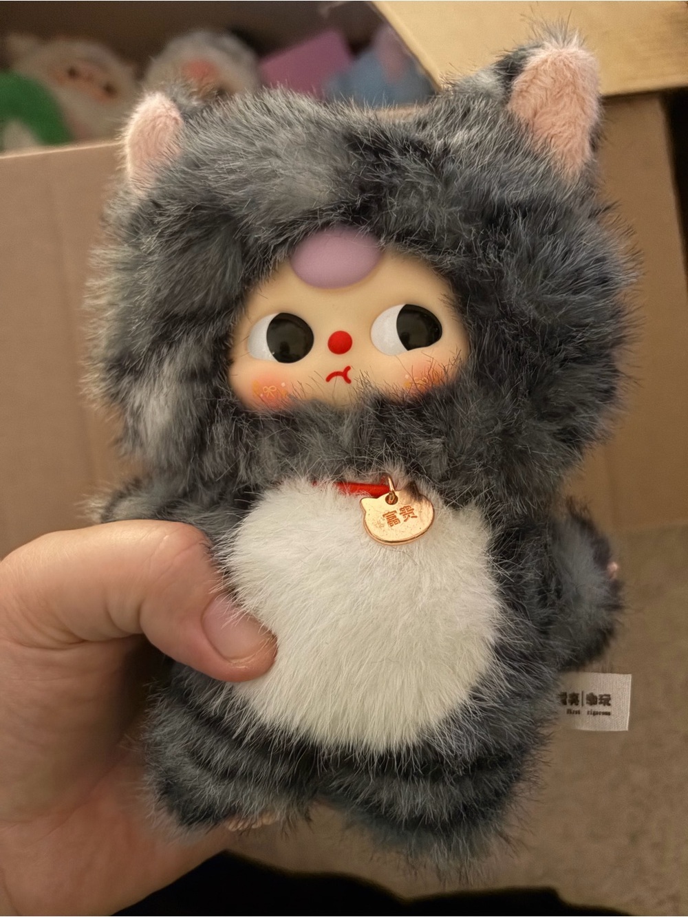 Gray and White Furry Cat Costume Plush Doll - Cute Collectible